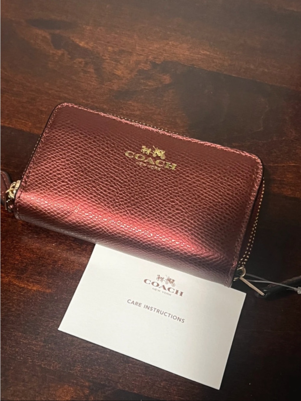 Coach Metallic Burgundy Zip Around Card & Key Holder